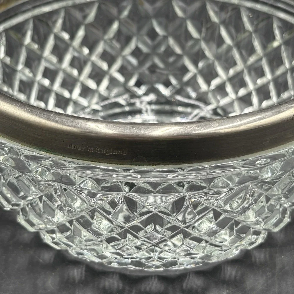 Vintage Crystal Heavy Cut Glass Serving Bowl with Silver Rim-Made in England